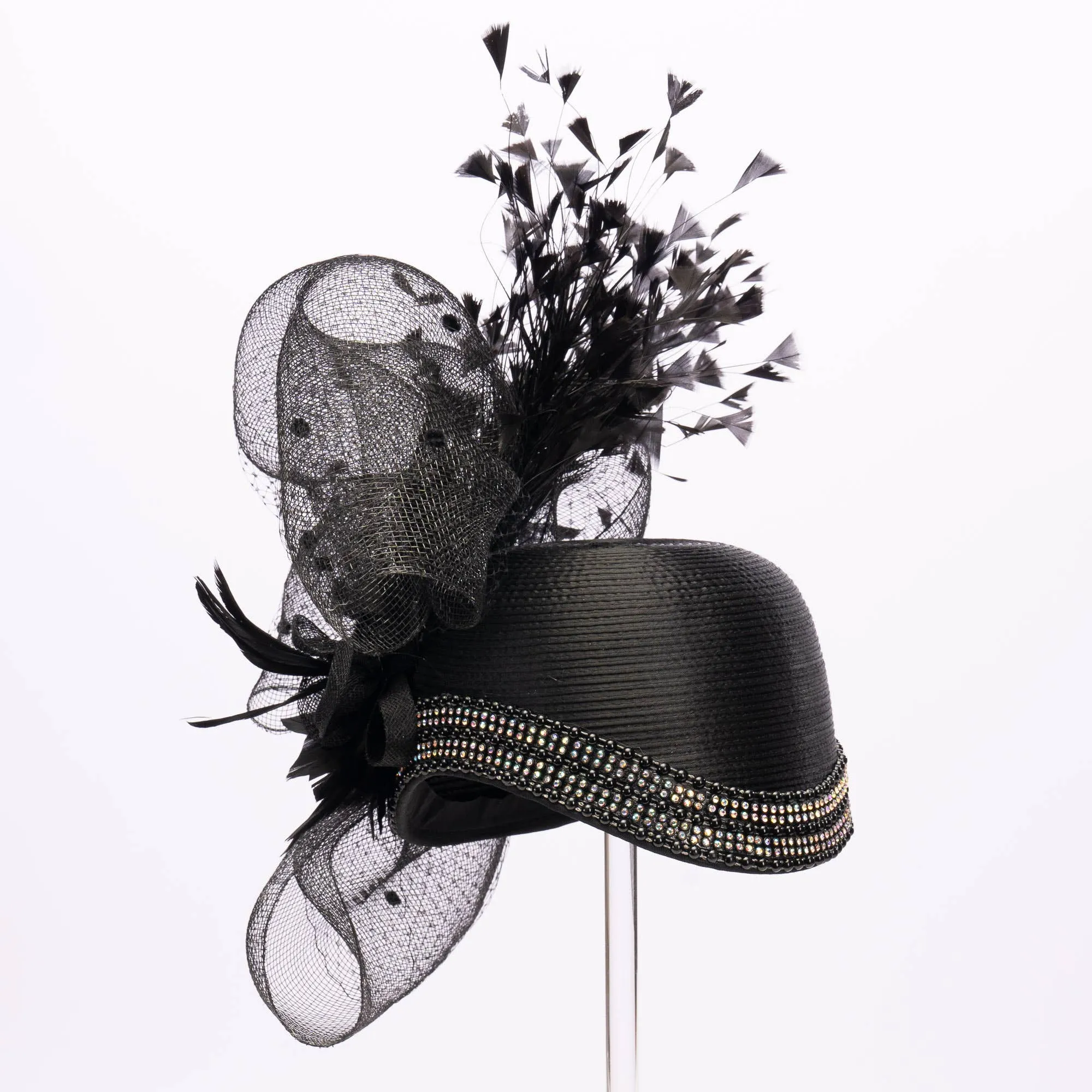Variety Feather And Puff Crinoline Bow On Satin Cloche Base: Purple