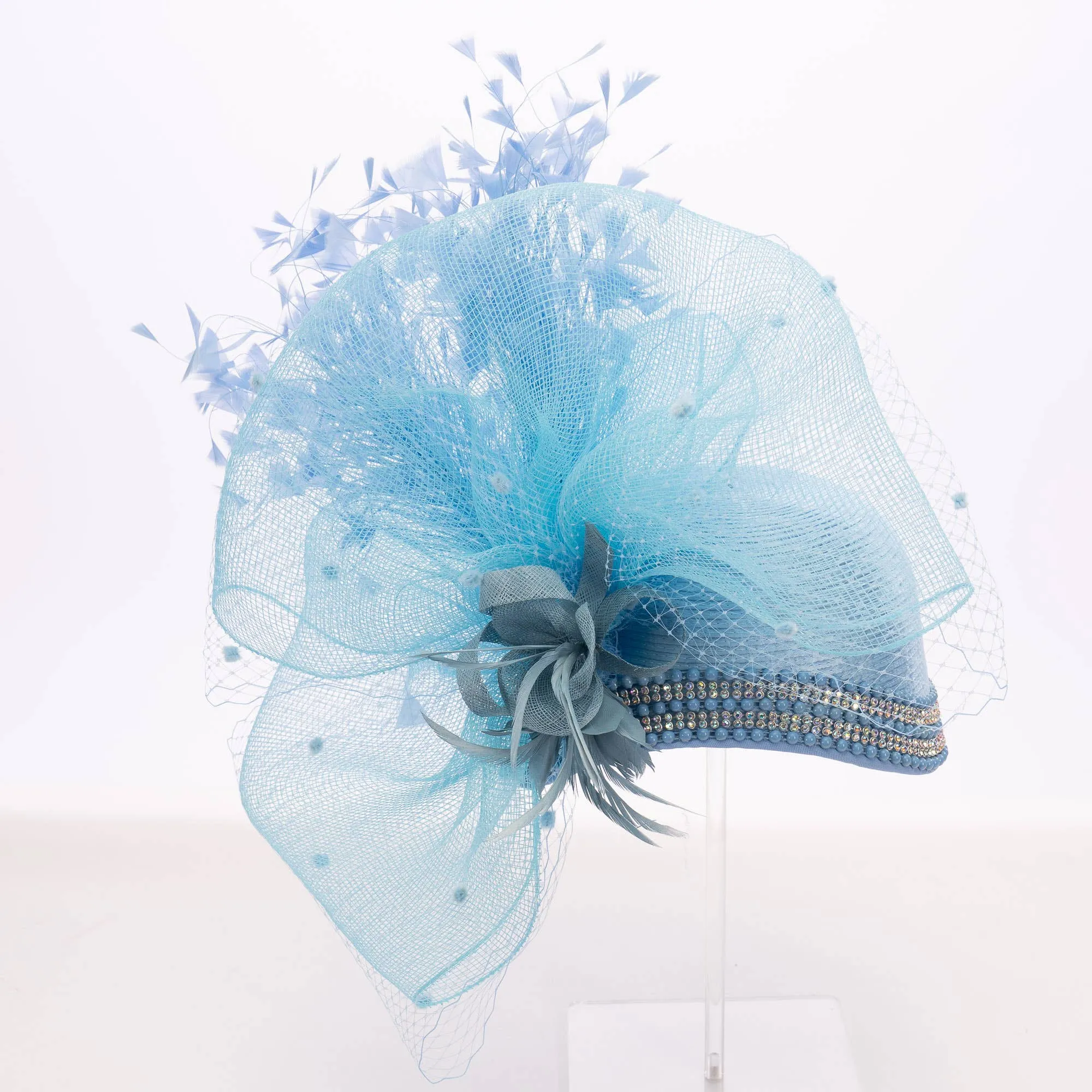 Variety Feather And Puff Crinoline Bow On Satin Cloche Base: Purple