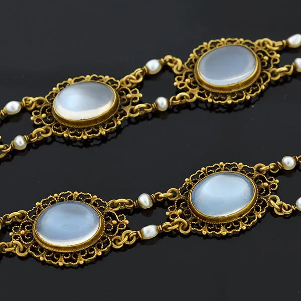 Victorian 14kt Moonstone   Pearl Filigree Earring Necklace Set