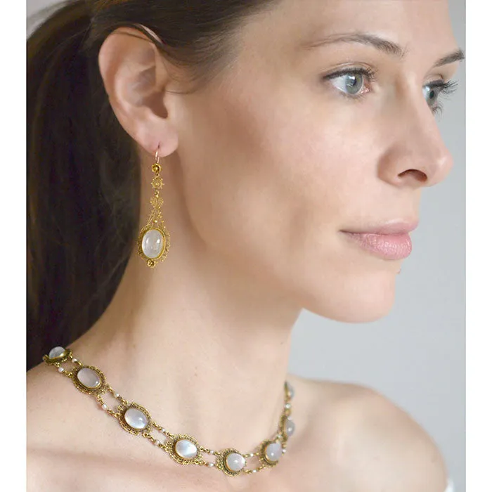 Victorian 14kt Moonstone   Pearl Filigree Earring Necklace Set