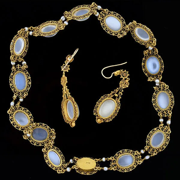 Victorian 14kt Moonstone   Pearl Filigree Earring Necklace Set
