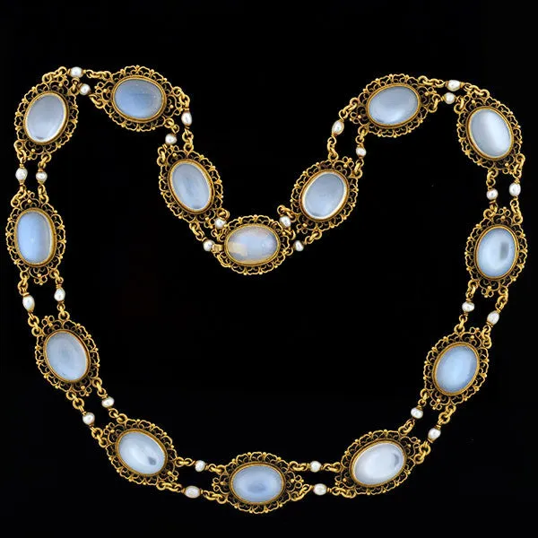 Victorian 14kt Moonstone   Pearl Filigree Earring Necklace Set