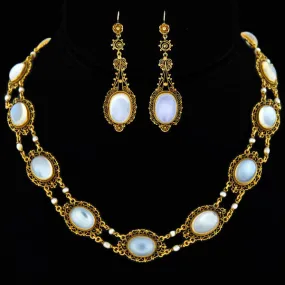 Victorian 14kt Moonstone   Pearl Filigree Earring Necklace Set