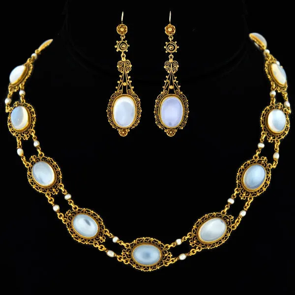Victorian 14kt Moonstone   Pearl Filigree Earring Necklace Set