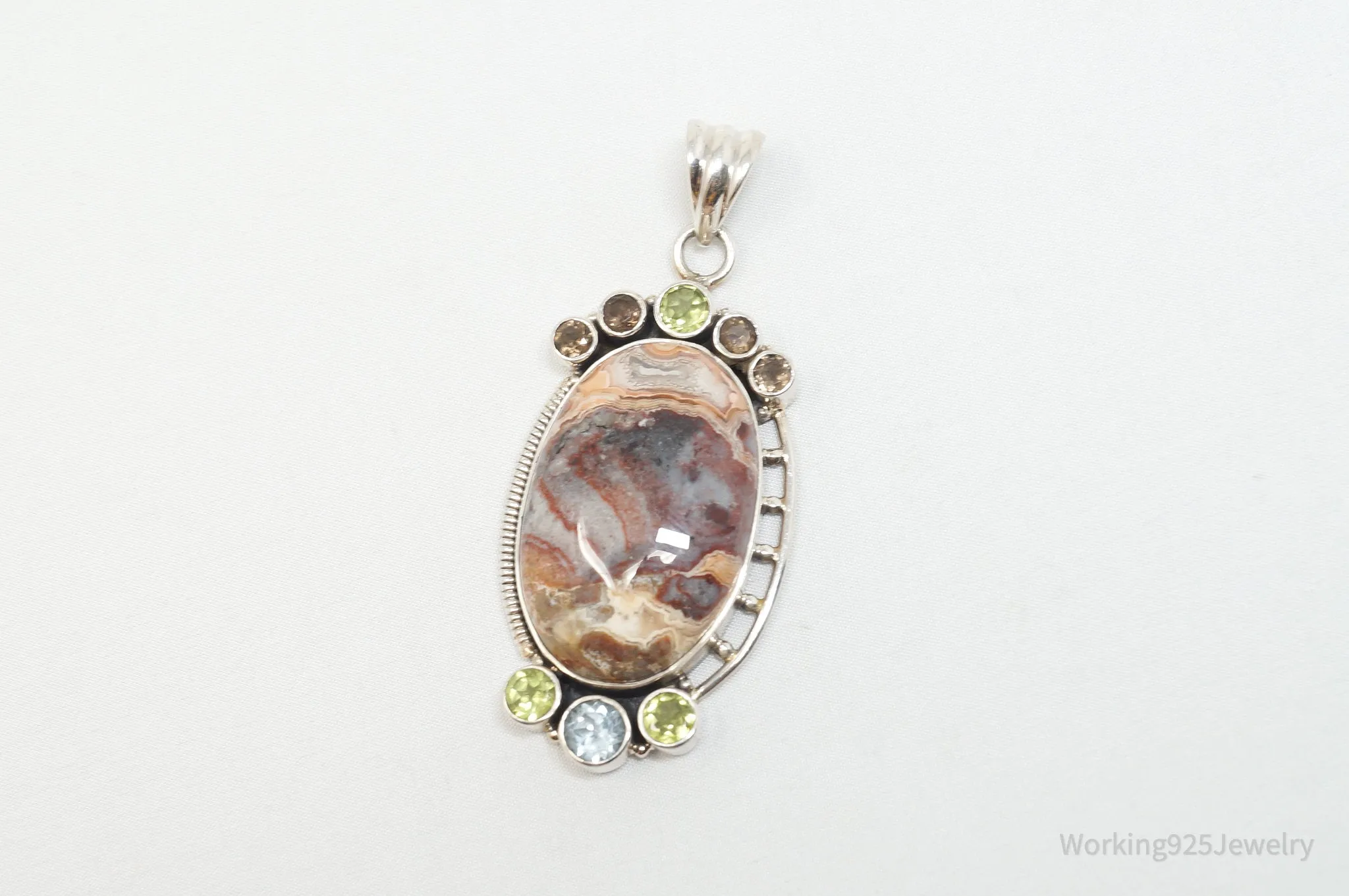 Vintage Large Brown Crazy Lace Agate Peridot Sterling Silver Necklace Pendant