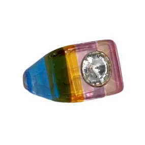 Vintage Lucite Color Stripes Ring Rhinestone Center