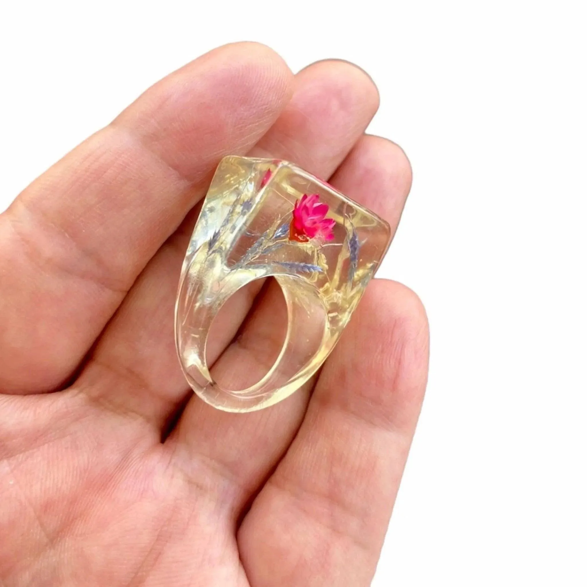 Vintage Lucite Ring Embedded Strawflower