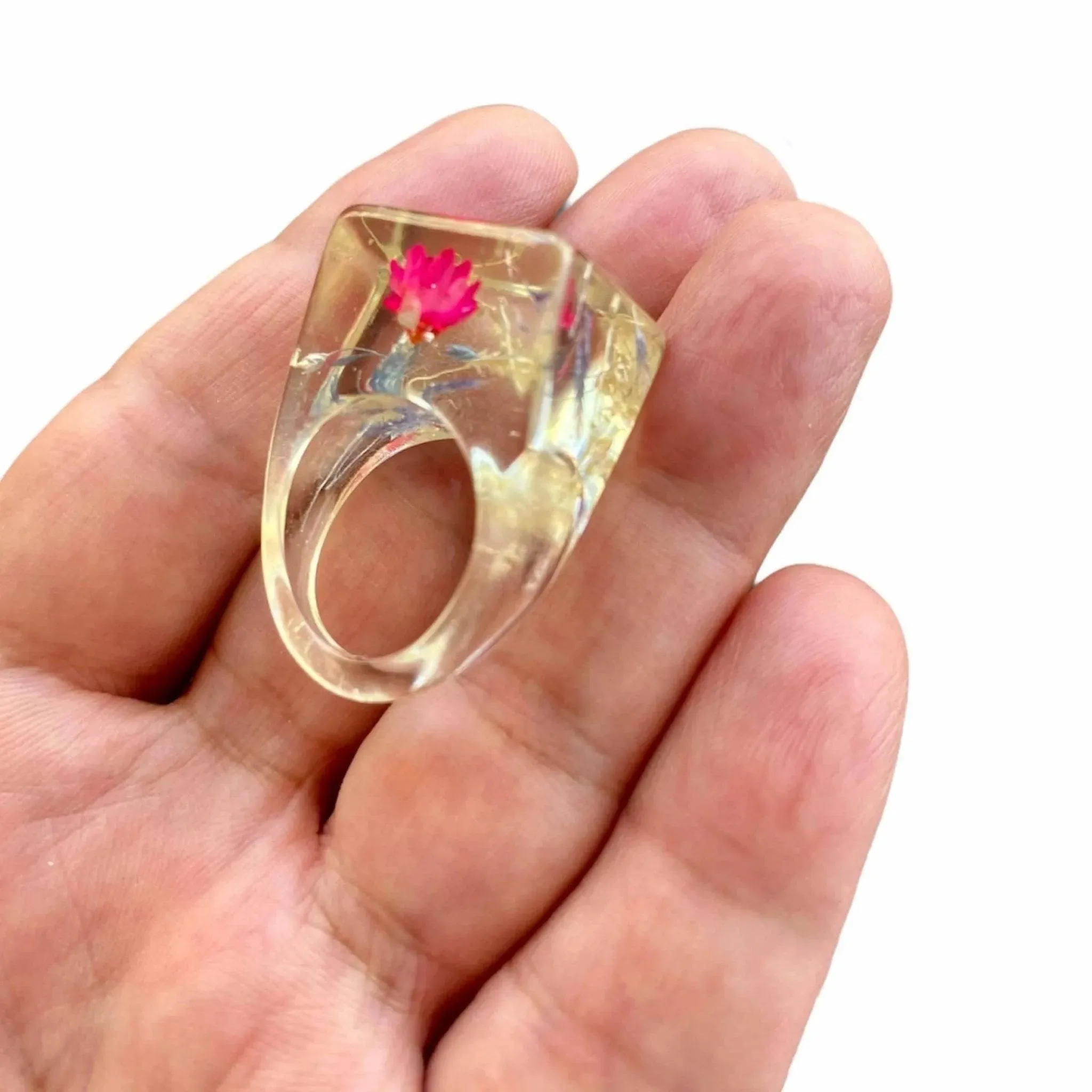 Vintage Lucite Ring Embedded Strawflower