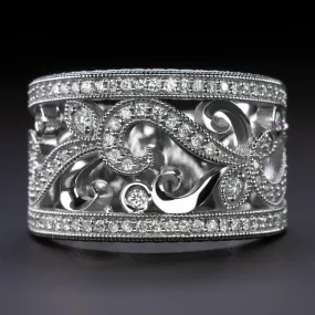 VINTAGE STYLE 0.80ct NATURAL DIAMOND RING WIDE COCKTAIL BAND 14k WHITE GOLD