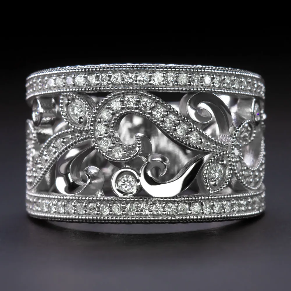 VINTAGE STYLE 0.80ct NATURAL DIAMOND RING WIDE COCKTAIL BAND 14k WHITE GOLD