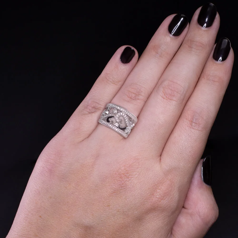 VINTAGE STYLE 0.80ct NATURAL DIAMOND RING WIDE COCKTAIL BAND 14k WHITE GOLD