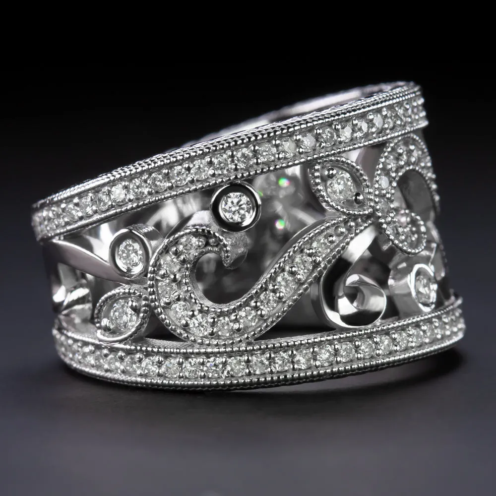 VINTAGE STYLE 0.80ct NATURAL DIAMOND RING WIDE COCKTAIL BAND 14k WHITE GOLD