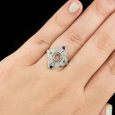 VINTAGE STYLE DIAMOND SAPPHIRE RING 5mm ROUND BEZEL SETTING COCKTAIL SEMI-MOUNT