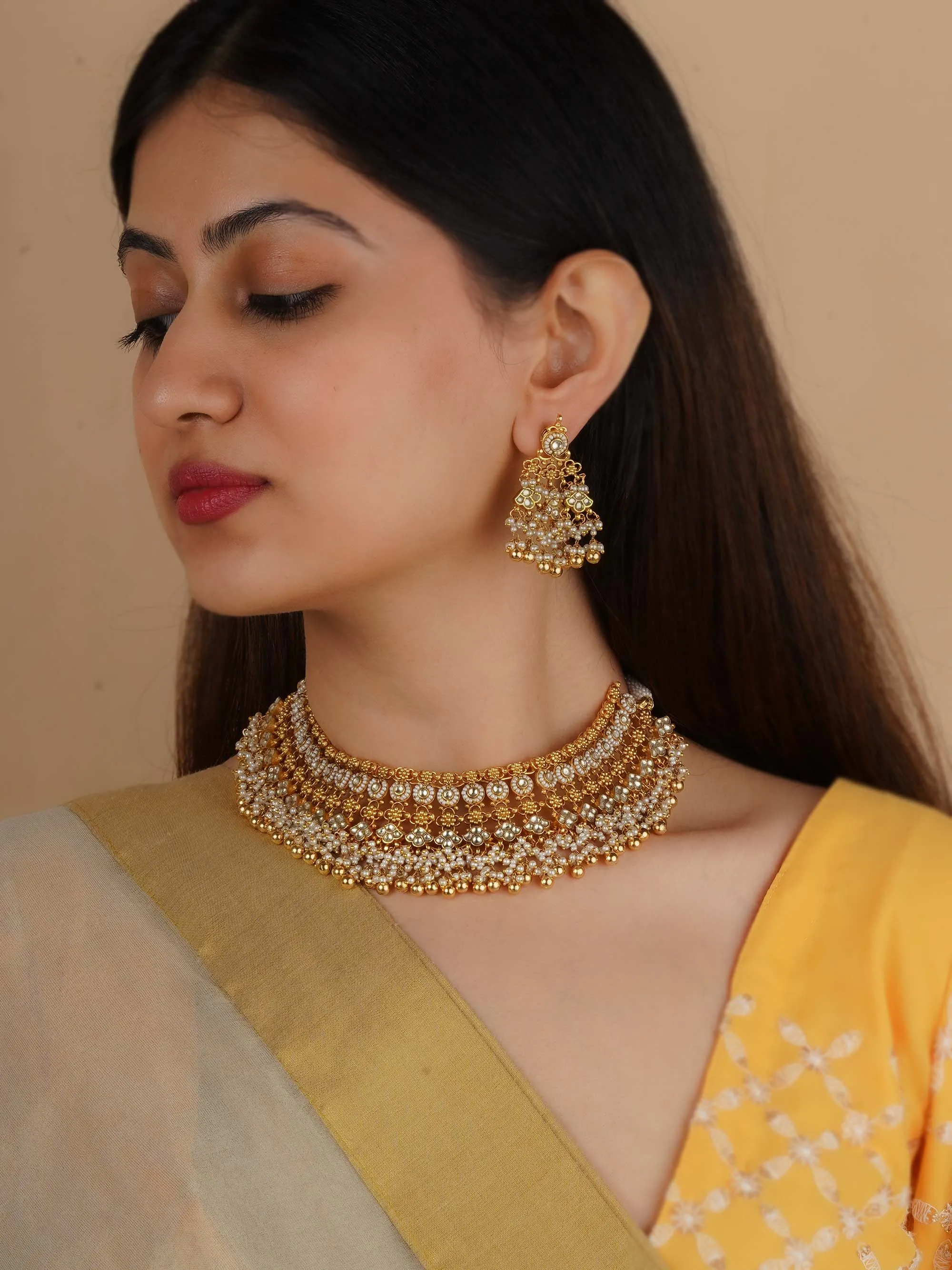 White Color Gold Plated Jadau Kundan Necklace Set - MS2195Y