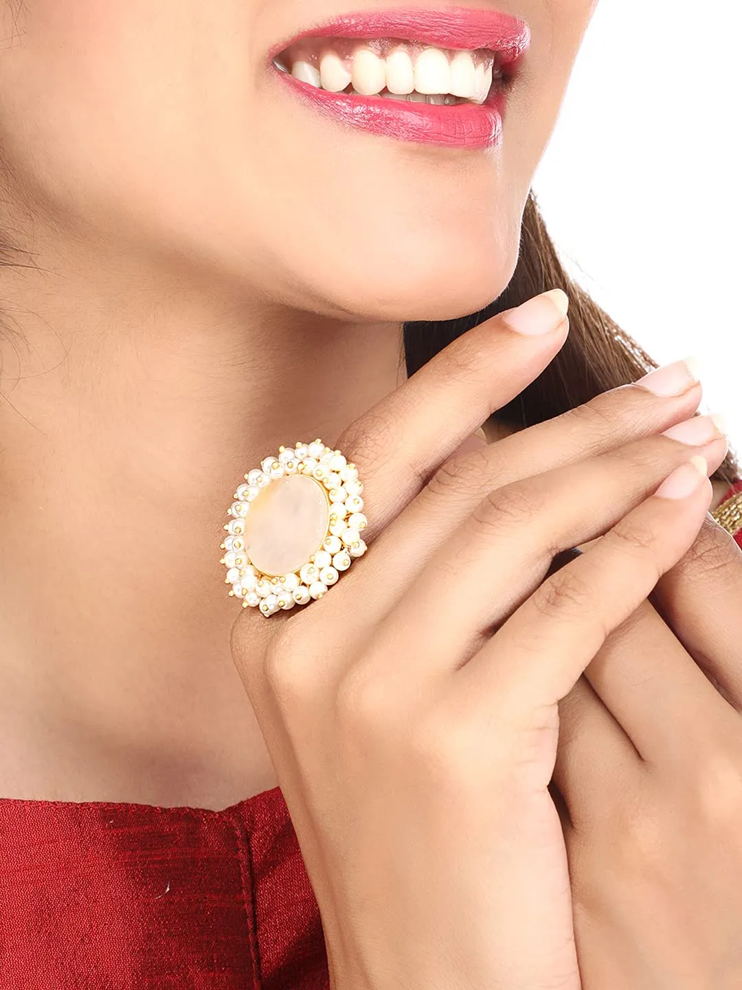 Yellow Chimes Rings for Women Traditional Pearl Ring Classic Style Gold Plated Stone Cocktail Rings for Women and Girls.
